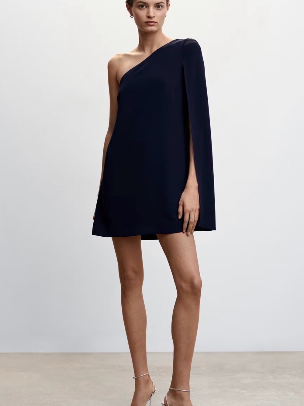Mango One-Shoulder Navy Mini Dress with Cape Sleeve